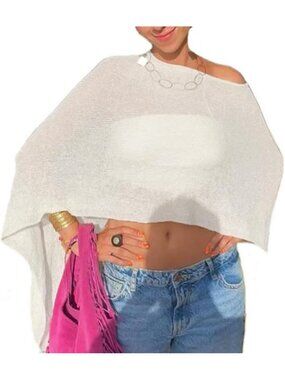 Women's White Sheer Poncho Top Knit Crochet Lightweight See Through Shawl